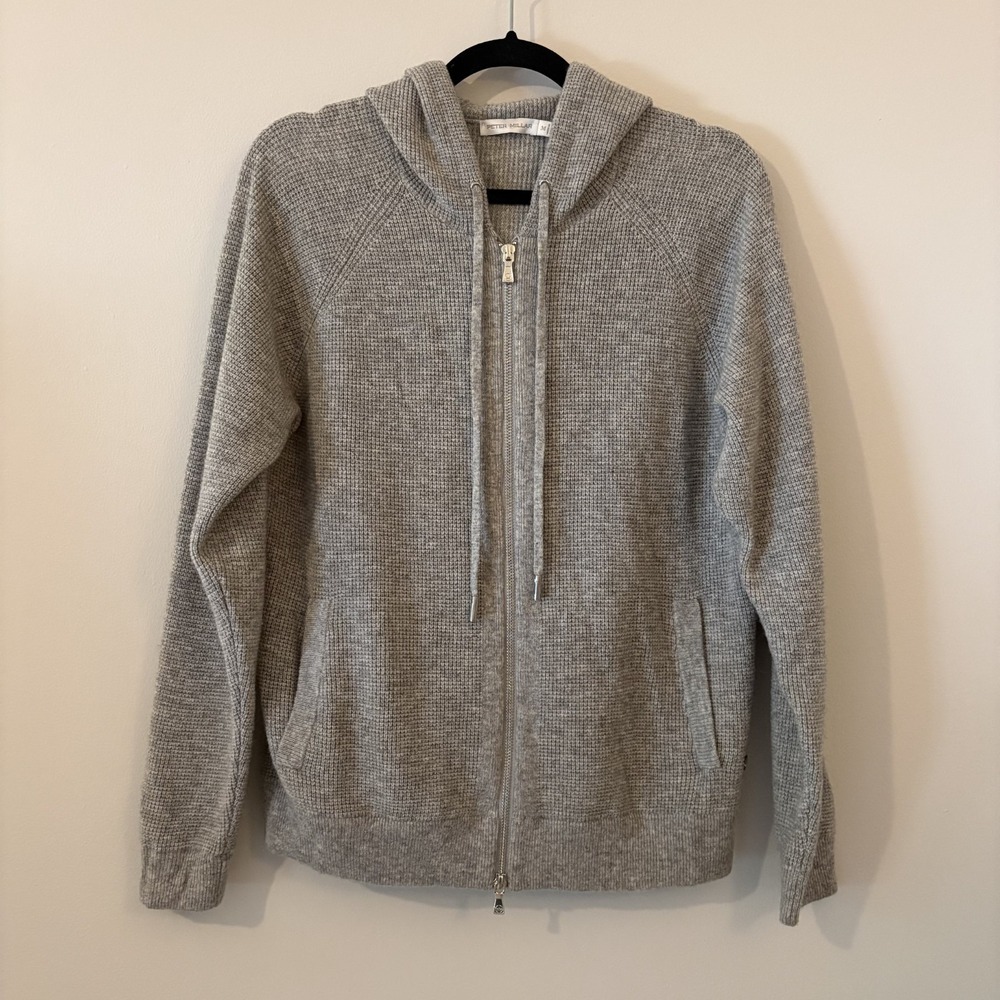 Peter Millar Cashmere Merino Wool Waffle Knit Full Zip Sweater Gray Sz M Hooded